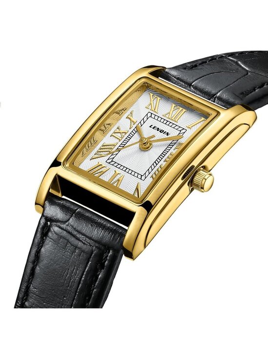 Ln Lenqin Womens Black White Analog Quartz Leather Strap 